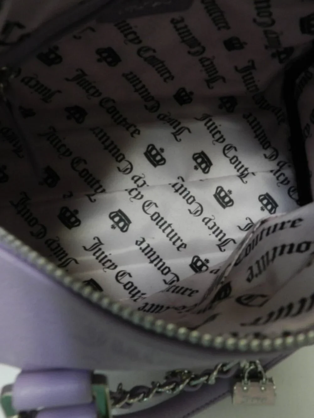 Juicy Couture faux leather barrel tote bag purse Purple zip top  Chain w/ Jewels